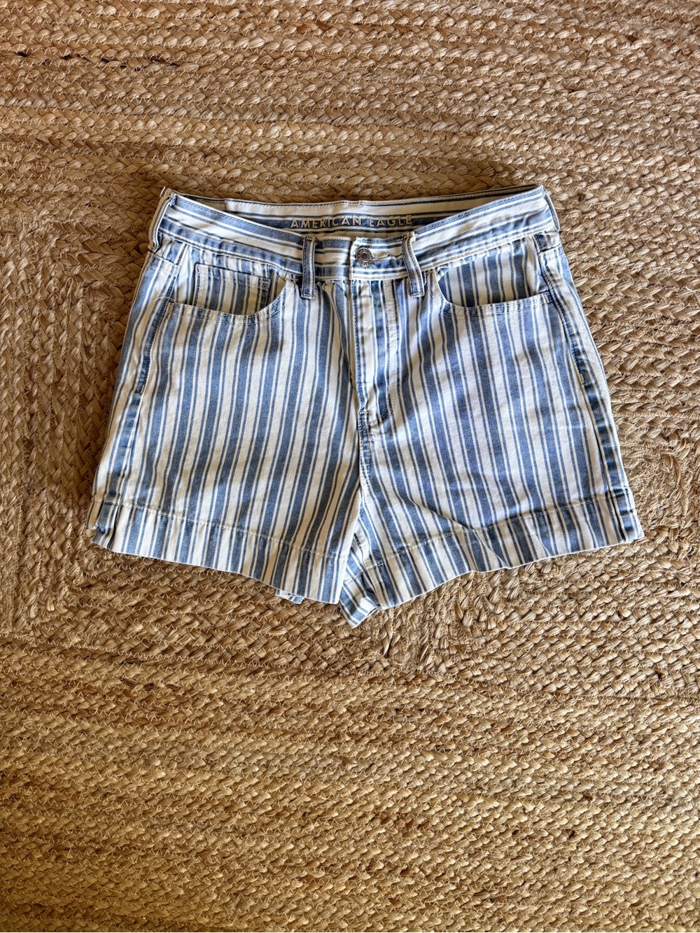 Blue & White Striped High-Rise Shorts